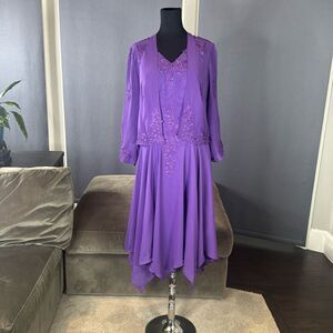 Purple Chiffon Formal Dress Floral Detail Corset Back Matching Jacket Size 12